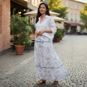 NEW CALYPSO St. Barth SZ L  Women’s Long Lined Floral Blue & White Skirt